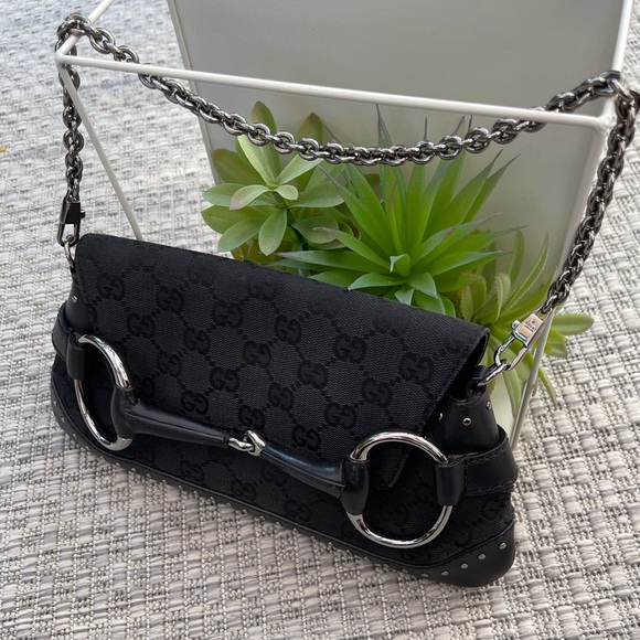 Gucci Handbags - GUCCI black canvas horsebit chain clutch/purse bag